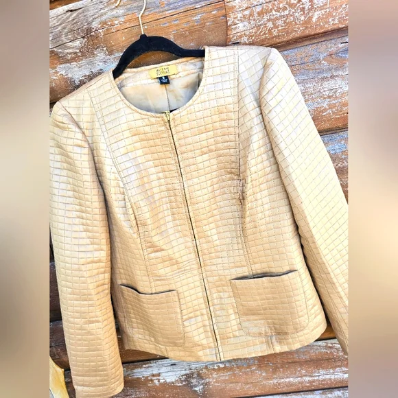 Valerie Stevens Luxury Quilted Gold Metallic Zip up Blazer Jacket Coat Pockets - Picture 9 of 13